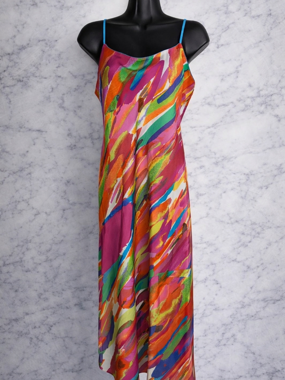 Natori Silk Slip Dress XS Multicolor Abstract Print Strappy Maxi Midi